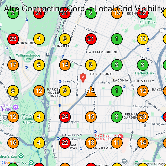 Atro Contracting Corp Roofing Contractor GeoGrid ranking map for Bronx NY